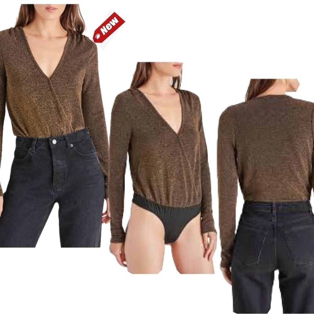 Steve Madden gold Long Sleeve Metallic glitter Knit Bodysuit Sz XL NWT